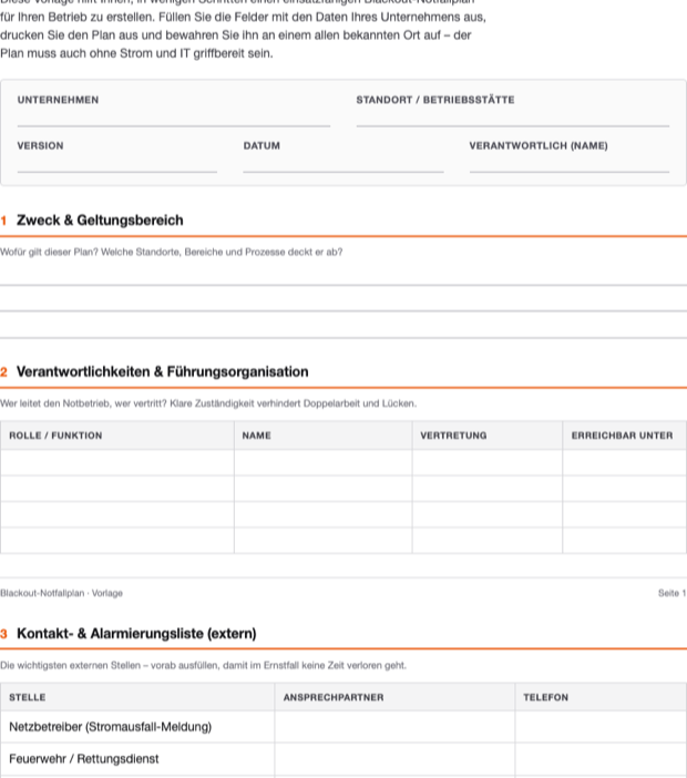 Vorschau der ausfüllbaren Blackout-Notfallplan-Vorlage als PDF